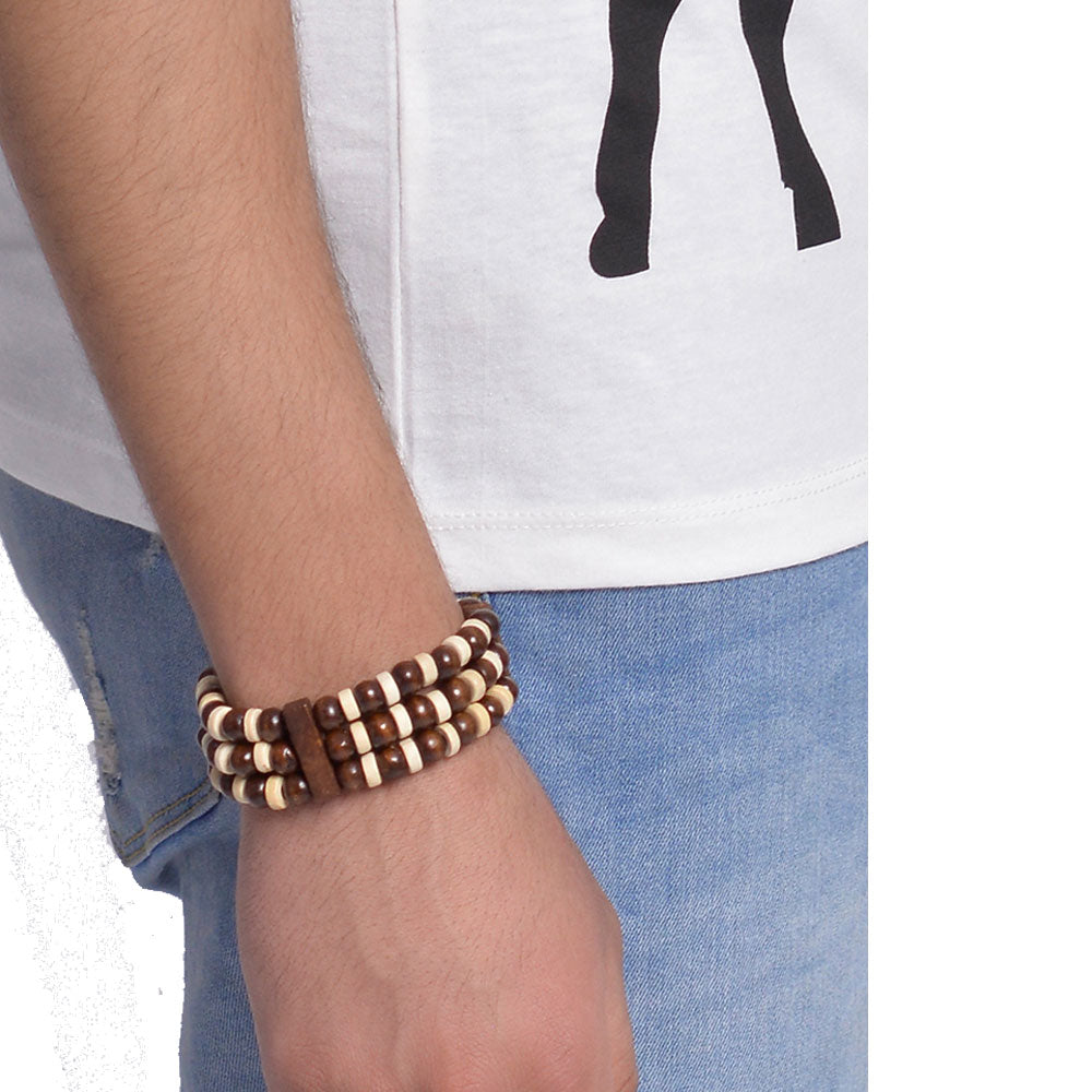 MLS - Unisex Carved Olive Wood Bead 3 Layer Stretch Bracelet (MLSOBSB224)