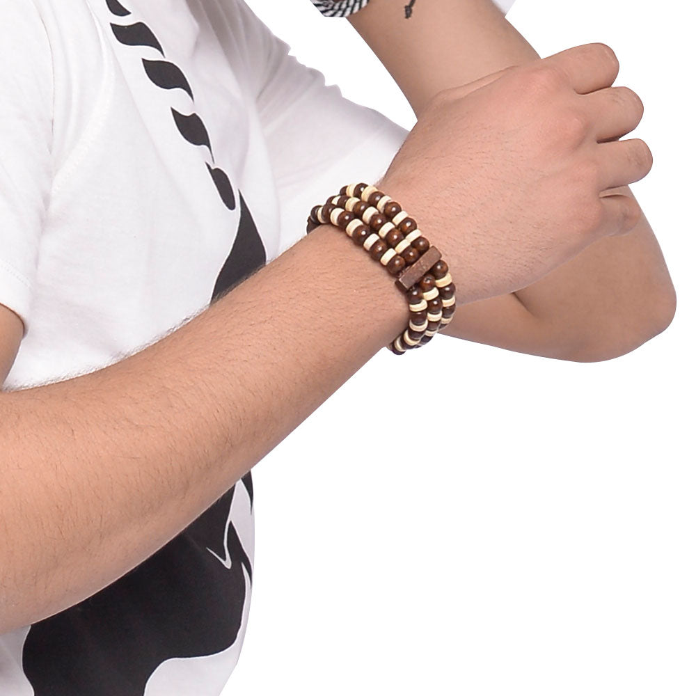 MLS - Unisex Carved Olive Wood Bead 3 Layer Stretch Bracelet (MLSOBSB224)