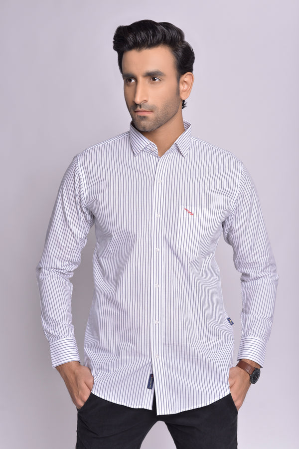 Men's Wrinkle Free Work Shirt White Black Stripe - Markhor Lifestyle Pakistan