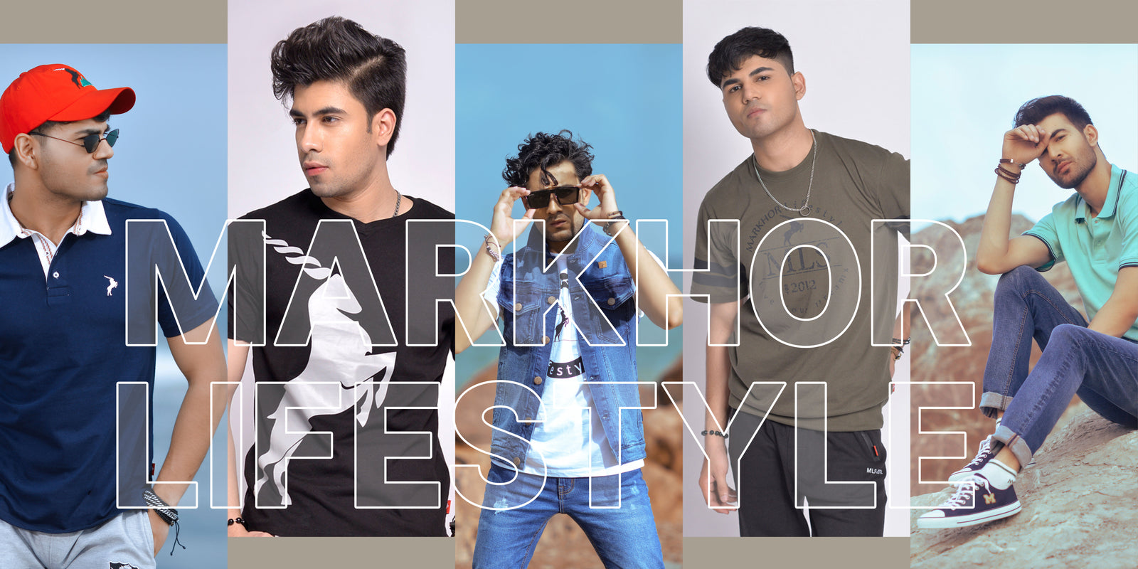 Five men wearing different outfits with 'Markhor Lifestyle' text overlay.