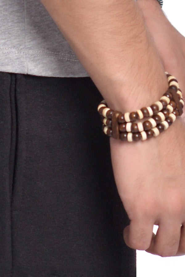 MLS - Unisex Carved Olive Wood Bead 3 Layer Stretch Bracelet